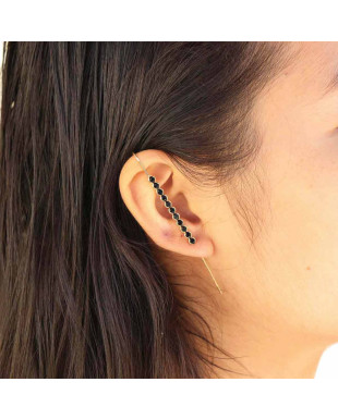 Brinco Ear Pin com Cristais Preto Folheado em Ouro 18K