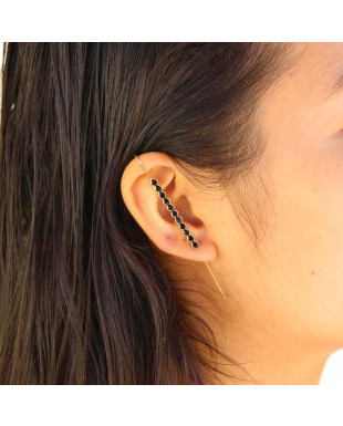 Brinco Ear Pin com Cristais Preto Folheado em Ouro 18K